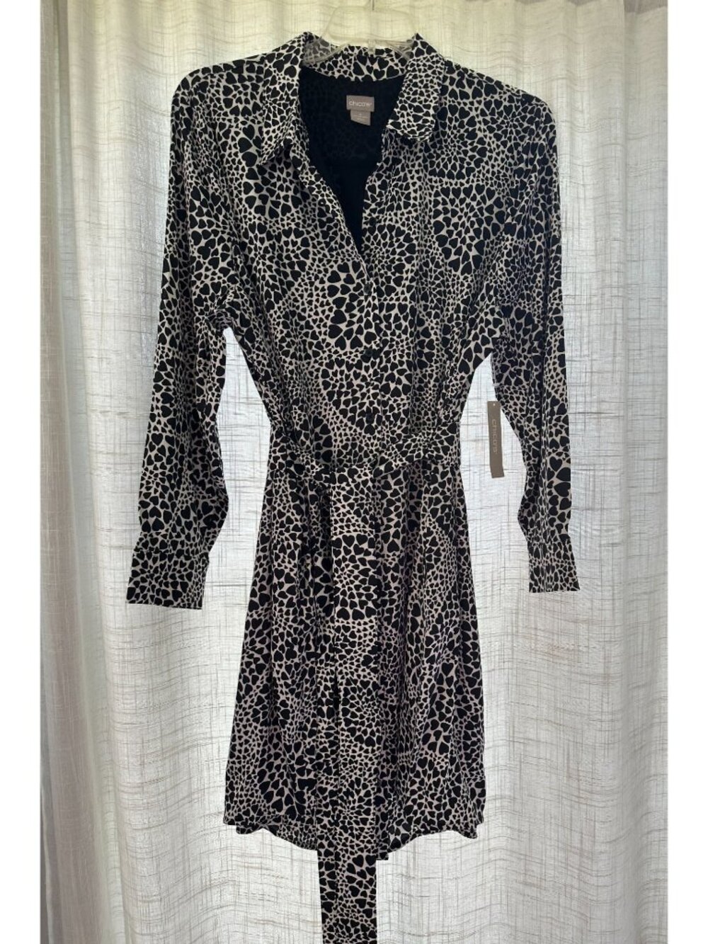 Chicos Black & White Heart Print Shirt Dress With Tie Waist - Size 4 US 20/22